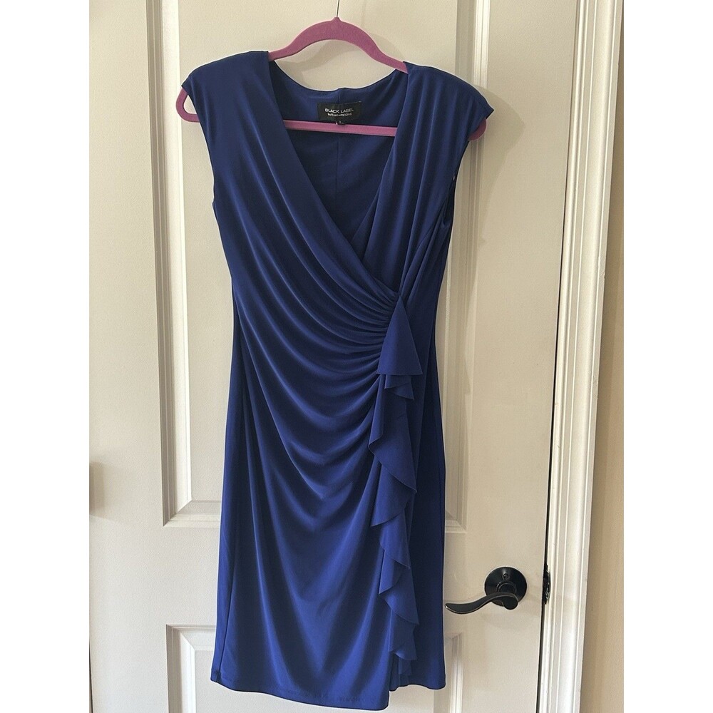 Black Label by Evan Picone Size 8 Blue Sheath Ruched Dress Career FLAW